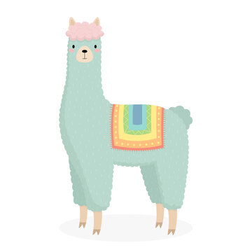 Hand-drawn cartoon blue llama, alpaca. Suitable for children's birthday card design, party invitation, clothing design, poster design. Vector illustration