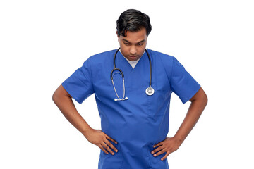 healthcare, profession and medicine concept - stressed indian doctor or male nurse in blue uniform over white background