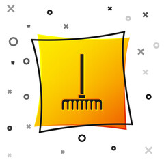 Black Garden rake icon isolated on white background. Tool for horticulture, agriculture, farming. Ground cultivator. Yellow square button. Vector