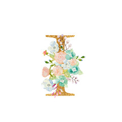 Watercolor floral bouquet and alphabet - gold letter I with flowers composition. Gold alphabet letter on white background.
