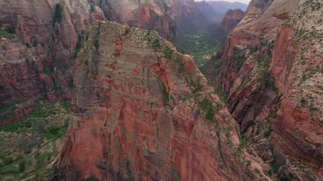 Aerial 4K footage of Angels Landing in Zion National Park, Utah, USA.