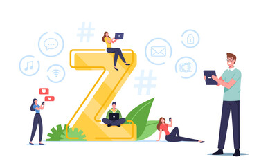 Generation Z Concept. Characters Virtual Messaging. New Modern Demography Trend with Progressive Youth Gen, Teen Life