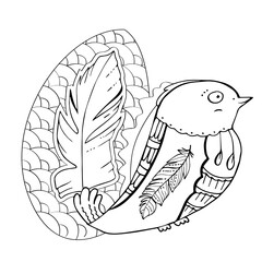 Contour linear illustration with bird for coloring book. Cute pretty bird, anti stress picture. Line art design for adult or kids  in zentangle style and coloring page.