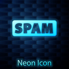Obraz premium Glowing neon Spam icon isolated on brick wall background. Vector