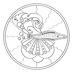 Contour linear illustration for coloring book. Beautiful fish in circle, anti stress picture. Line art design for adult or kids  in zentangle style and coloring page.