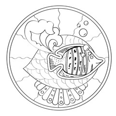 Contour linear illustration for coloring book. Beautiful fish in circle, anti stress picture. Line art design for adult or kids  in zentangle style and coloring page.