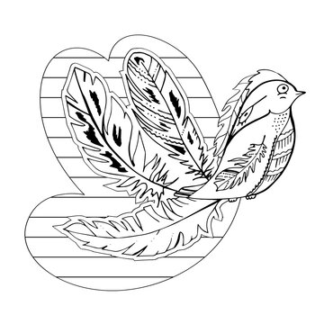 Contour linear illustration with bird for coloring book. Cute pretty bird, anti stress picture. Line art design for adult or kids  in zentangle style and coloring page.