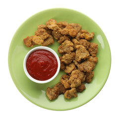 Delicious cooked soy meat with sauce on white background, top view