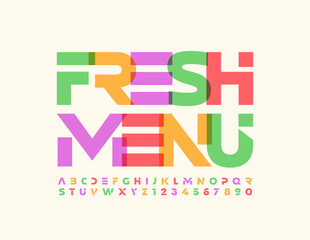 Vector colorful Sign Fresh Menu. Creative artistic Font. Bright Alphabet Letters and Numbers set
