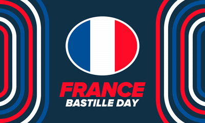 Bastille Day in France. National happy holiday, celebrated annual in July 14. French flag. France independence and freedom. Patriotic elements. Festive design. Vector poster illustration