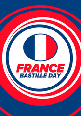 Bastille Day in France. National happy holiday, celebrated annual in July 14. French flag. France independence and freedom. Patriotic elements. Festive design. Vector poster illustration