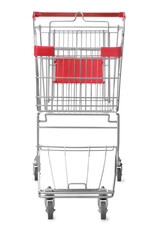 Empty metal shopping cart isolated on white