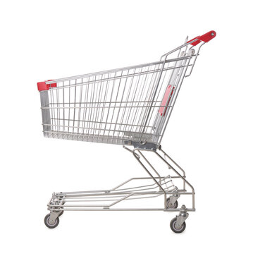 Empty metal shopping cart isolated on white