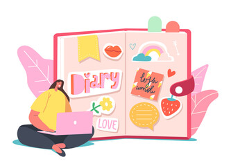 Tiny Girl Sitting at Huge Pink Diary with Laptop Put Notes about Love, Life Moments. Character Write Memoirs in Notebook
