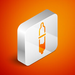 Isometric Pipette icon isolated on orange background. Element of medical, chemistry lab equipment. Pipette with drop. Medicine symbol. Silver square button. Vector