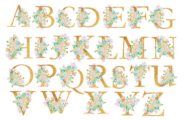 Fototapeta na wymiar Watercolor floral bouquet and alphabet with flowers composition. Gold alphabet letters on white background.