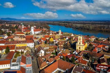 Szentendre, hungary - Aerial view of the city of Szentendre on a sunny day with Belgrade Serbian...