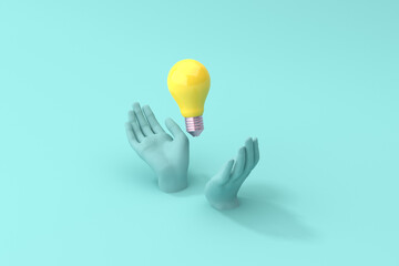 Mockup scene of hands are holding of yellow light bulbs, Minimal concept, 3d rendering.