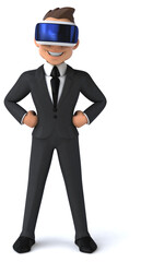 Fun 3D illustration of a cartoon businessman with a VR helmet