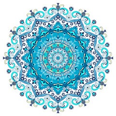 Mandala wonderful blue colour isolated on white background. Decorative round ornament.