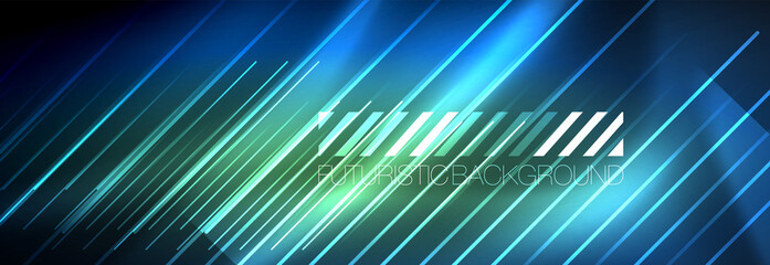 Neon glowing lines, magic energy and light motion background. Vector wallpaper template