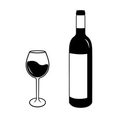 Wine bottle and wine glass silhouette. Icon. Vector illustration isolated on white background.