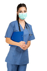 Masked female nurse portrait, covid coronavirus mask. Isolated on white background