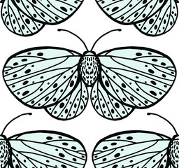 Vector seamless pattern with line drawn butterflies with beautiful wings. Texture and background with insects for prints on paper and fabric