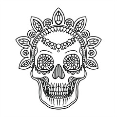 Stylish party pattern with hand drawn human skulls with different ornaments. Line drawn illustration. Sketch for tattoo