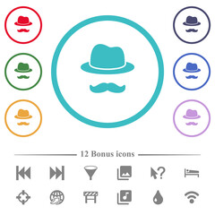 Incognito with mustache flat color icons in circle shape outlines
