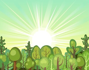 Flat forest. Illustration in a simple symbolic style. Sunrise. Funny green rural landscape. Comic design. Wild thickets. Cute scene with trees. Cartoon Vector