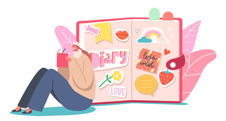 Tiny Girl Sitting at Huge Pink Diary Put Notes about Love and Life Moments. Character Write Memoirs in Cute Notebook