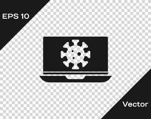 Black Virus statistics on laptop icon isolated on transparent background. Corona virus 2019-nCoV. Bacteria and germs, cell cancer, microbe, fungi. Vector.