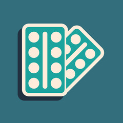 Green Pills in blister pack icon isolated on green background. Medical drug package for tablet, vitamin, antibiotic, aspirin. Long shadow style. Vector.