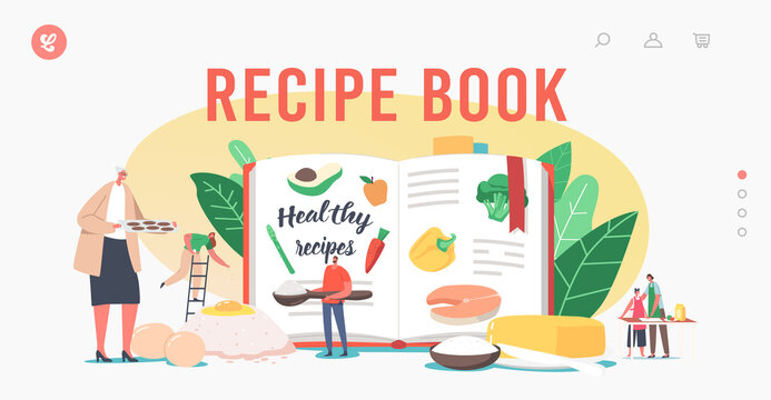 Recipe Book Landing Page Template. Characters Cooking Healthy Food. Men and Women Mix Ingredients Eggs, Butter and Flour