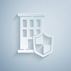 Paper cut House with shield icon isolated on grey background. Insurance concept. Security, safety, protection, protect concept. Paper art style. Vector.