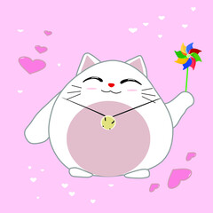 cat with flowers. Fat cat vector illustration playing windmill.