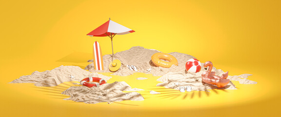Sand Island Summer Accessories Concept Yellow Background Banner 3D Rendering