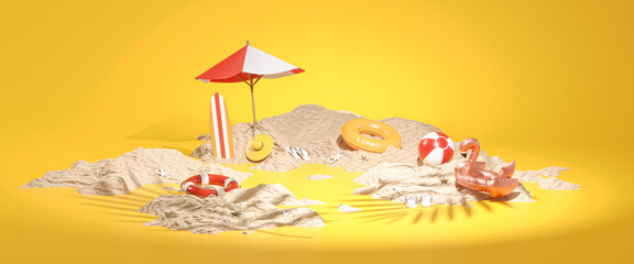 Sand Island Summer Accessories Concept Yellow Background Banner 3D Rendering © natanaelginting