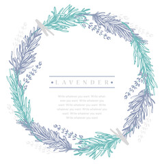 Fototapeta na wymiar Round frame from Lavender branches. Hand drawn wedding herbs, plants with elegant leaves for invitation, save the date card design. Silhouette botanical vector illustration