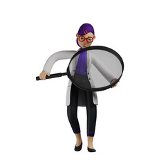 Funny Female Doctor 3D Cartoon Illustration using a giant magnifying glass