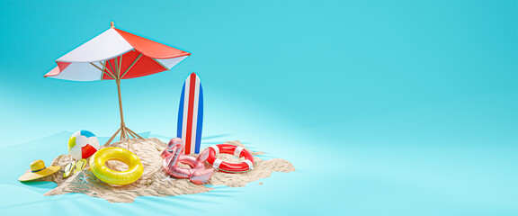 Summer Vacation Concept. Beach Umbrella Blue Backdground Banner Copy Space 3D Rendering © natanaelginting
