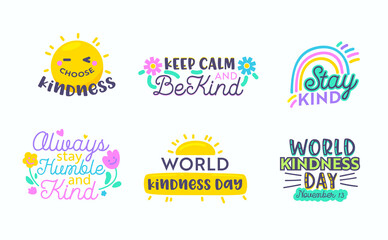 Set of Icons World Kindness Day with Cartoon Elements Isolated on White Background. Creative Typography, Inscription