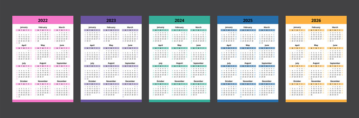 Calendar 2022, 2023, 2024, 2025, 2026. Colorful calendar template design. Week start on Sunday.