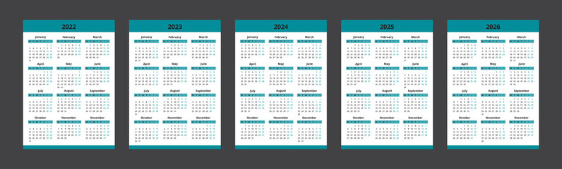 Calendar 2022, 2023, 2024, 2025, 2026. Week start on Monday. Vector calendar template design.
