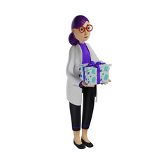 3D Cartoon Female Doctor Cartoon Character holding a big present