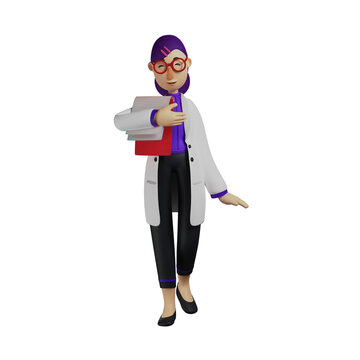 Dedicated 3D Female Doctor Cartoon Design with pink patient records