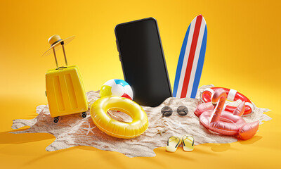Summer Vacation Background Concept Beach Accessories 3D Rendering - 440711566