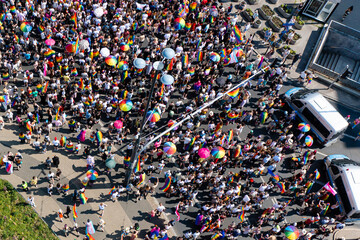 Warsaw, Poland - June 19 2021: equality parade, pride march. Celebration of LGBT people and protests against homophobia, aerial view.