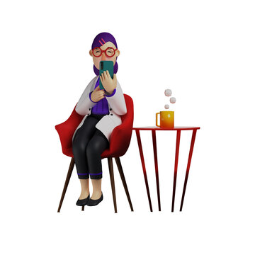 3D Female Doctor Cartoon Design reading text on her cell phone